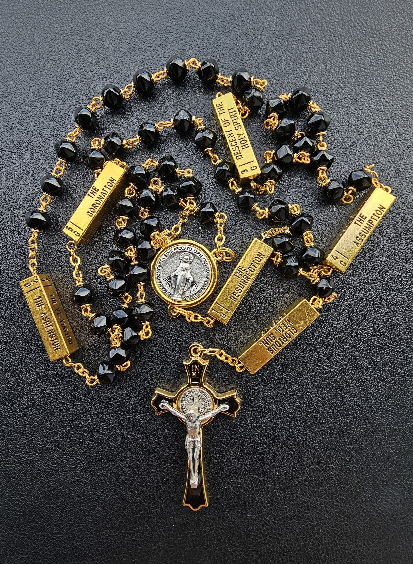 Mysteries Rosary – Black & Gold with Daily Devotion Markers