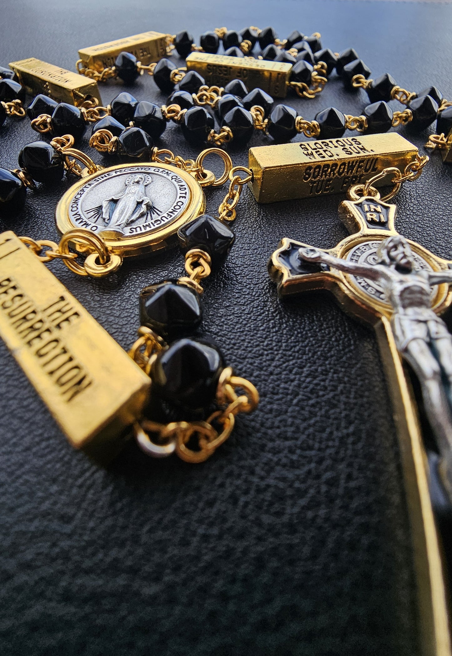 Mysteries Rosary – Black & Gold with Daily Devotion Markers