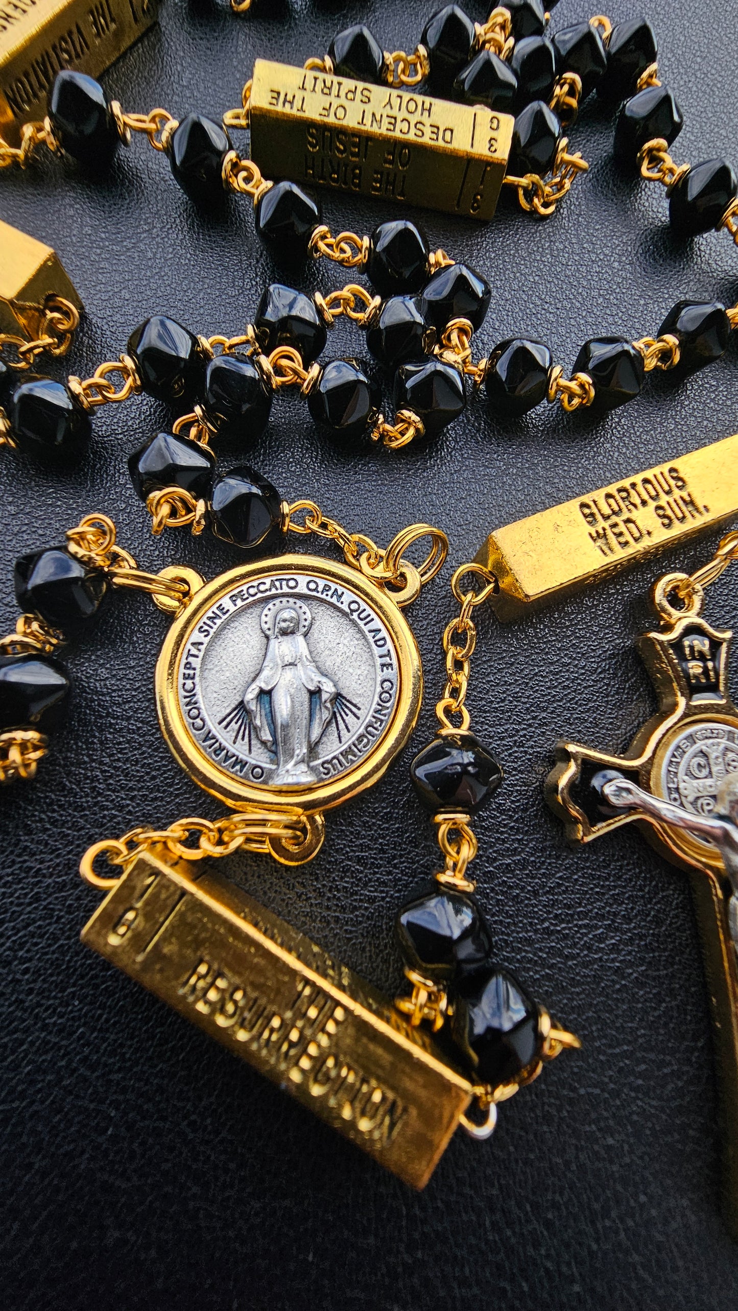 Mysteries Rosary – Black & Gold with Daily Devotion Markers