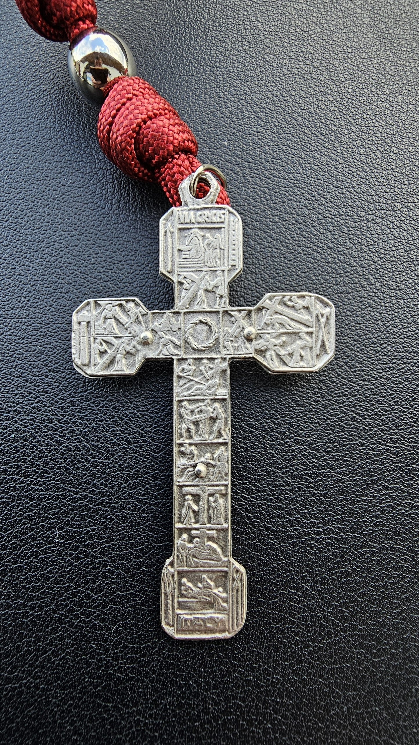 Via Crucis Rosary – Red Paracord & Steel