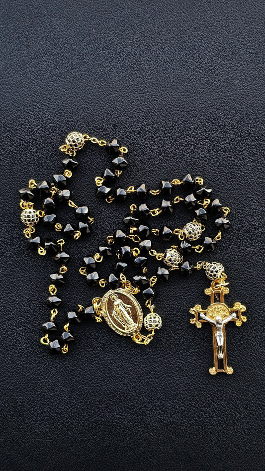 Midnight Grace Rosary – Faceted Black Beads & Gilt Accents